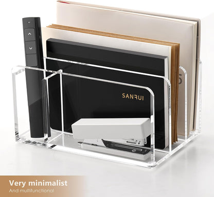 SANRUI Acrylic Mail Sorter Desktop Organizer Holder with Drawer, 5 Compartments Clear Small File Script Letter Document Storage for Desk Bill Filling Envelope Holder Office, Home, School Organization