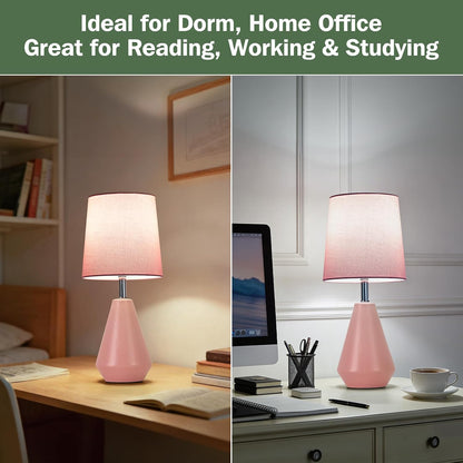 Small Bedside Table Lamp for Bedroom - Reading Desk Lamp with 3 Color Temperatures，15.5" Nightstand Ceramic Lamp with Fabric Shade for Kids Room,Living Room,Dorm,Home Office (Green)
