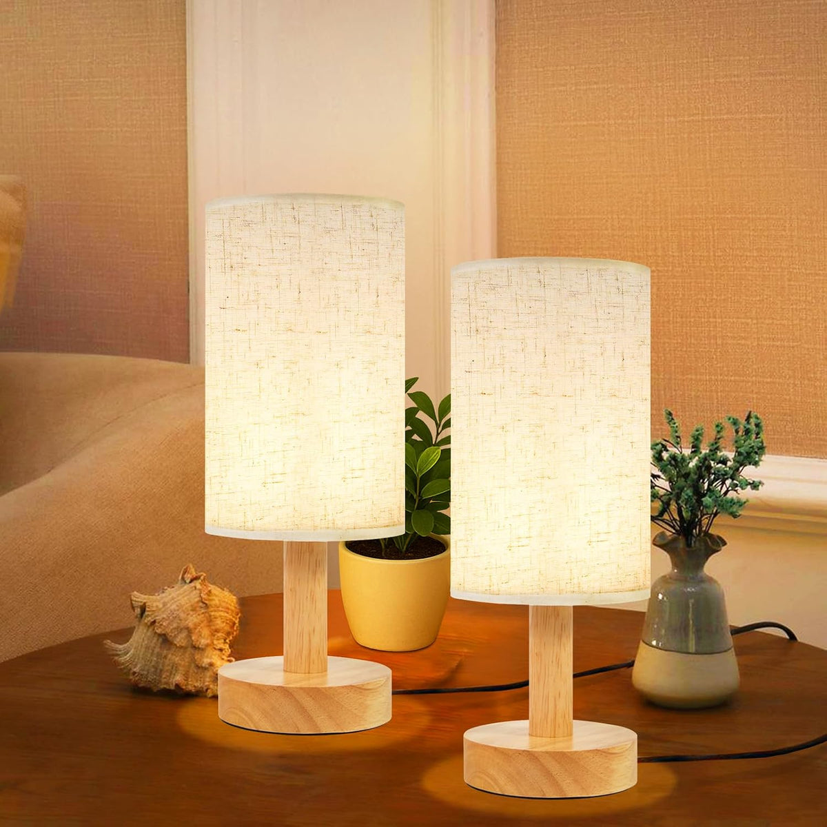 Small Bedside Table Lamp for Bedroom,Natural Round Wood Base&Fabric Linen Shade,Cozy Night Table Light for Study Reading,Minimalist Boho Desk Lamp for Nightstand,Living Room,Nursery,Kitchen,Dorm