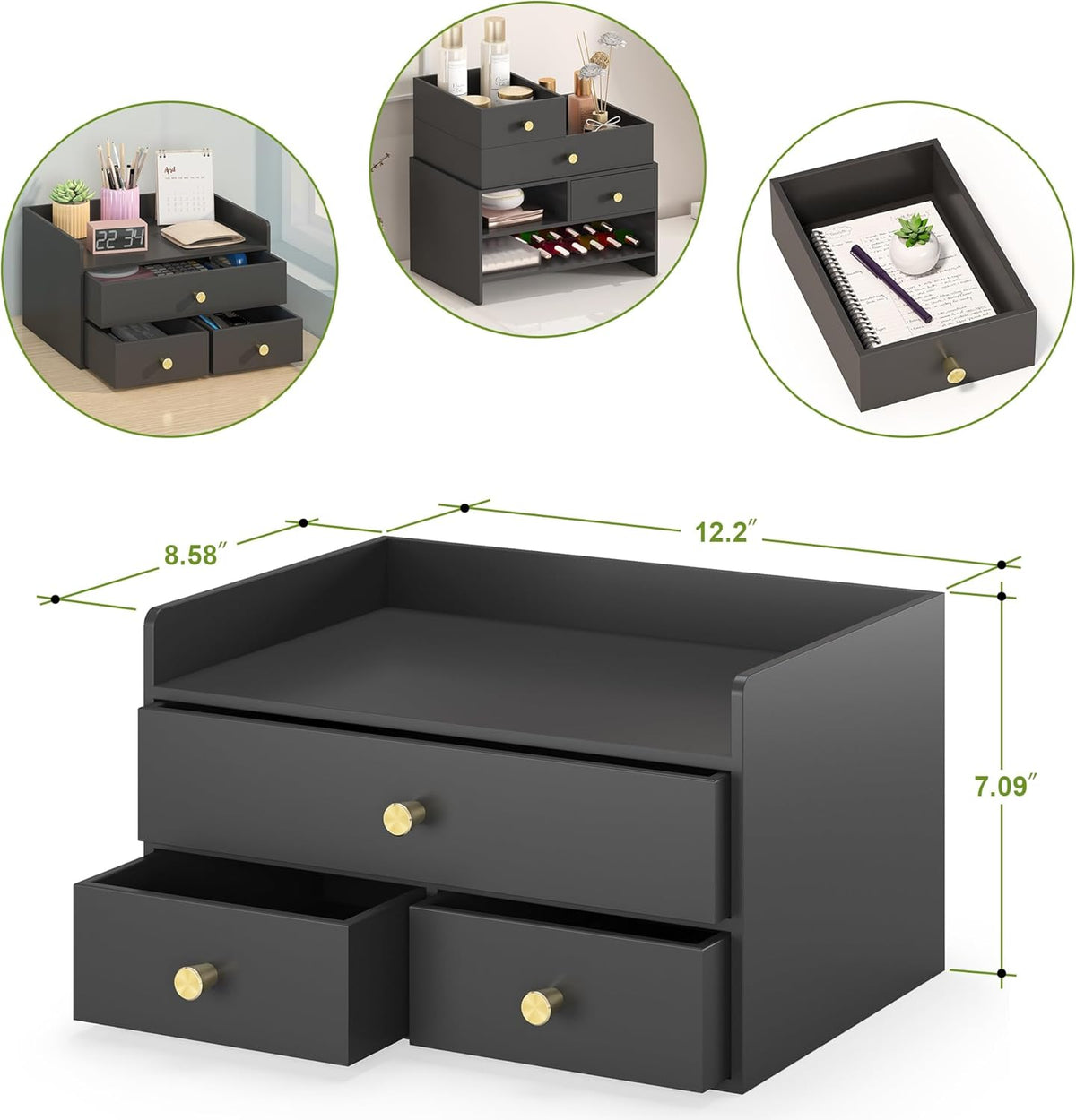 Bamboo Desk Organizer with Drawers Wooden Desktop Storage Drawers (1, Black 3 Drawer)