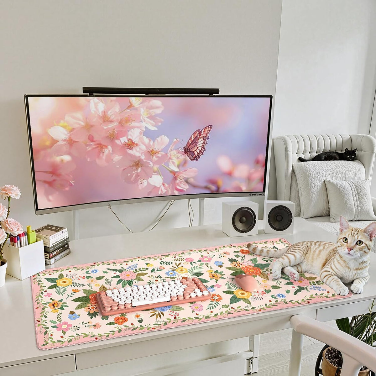 Desk Mat,Mouse Pad for Office Desk,35.4x15.7in,Pink Flowers
