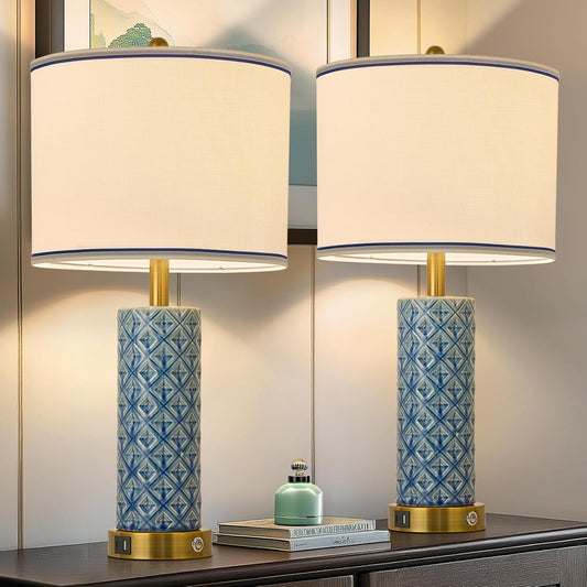 Small Bedside Table Lamp for Bedroom - Reading Desk Lamp with 3 Color Temperatures，15.5" Nightstand Ceramic Lamp with Fabric Shade for Kids Room,Living Room,Dorm,Home Office (Green)