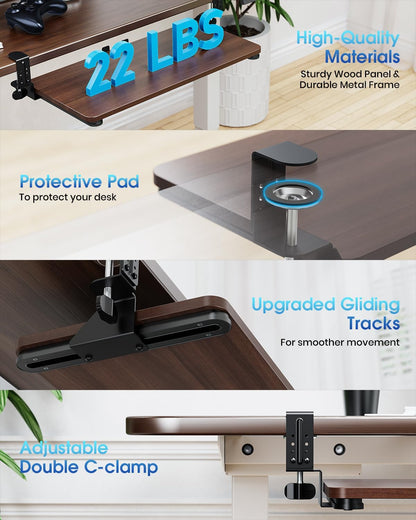 Small Keyboard Tray Under Desk, Pull Out Keyboard & Mouse Tray with Adjustable C-clamp, 20(25.9 Including Clamps) x 11.8 Inch Slide Out Computer Keyboard Drawer Mouse Tray for Typing, Walnut