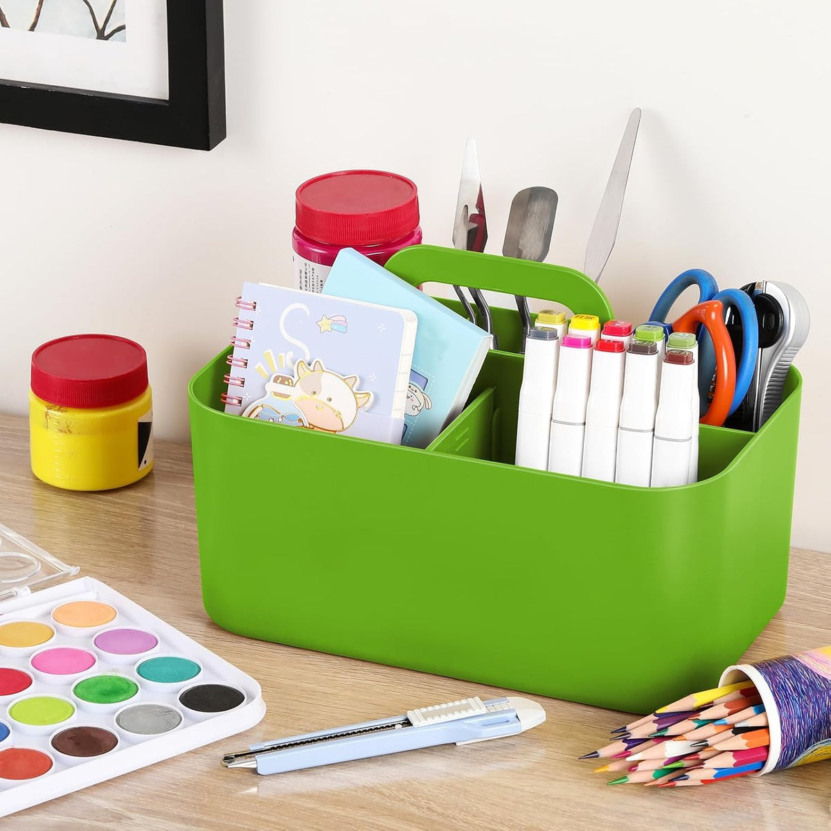 Multiuse Caddy Organizer with Handle, Portable Divided Plastic Tote Bin - Art Craft, Stationary Pen Marker Crayons, Makeup Hair Supplies Storage - Bathroom, Classroom, Dorm, Office, Desk Holder -Black