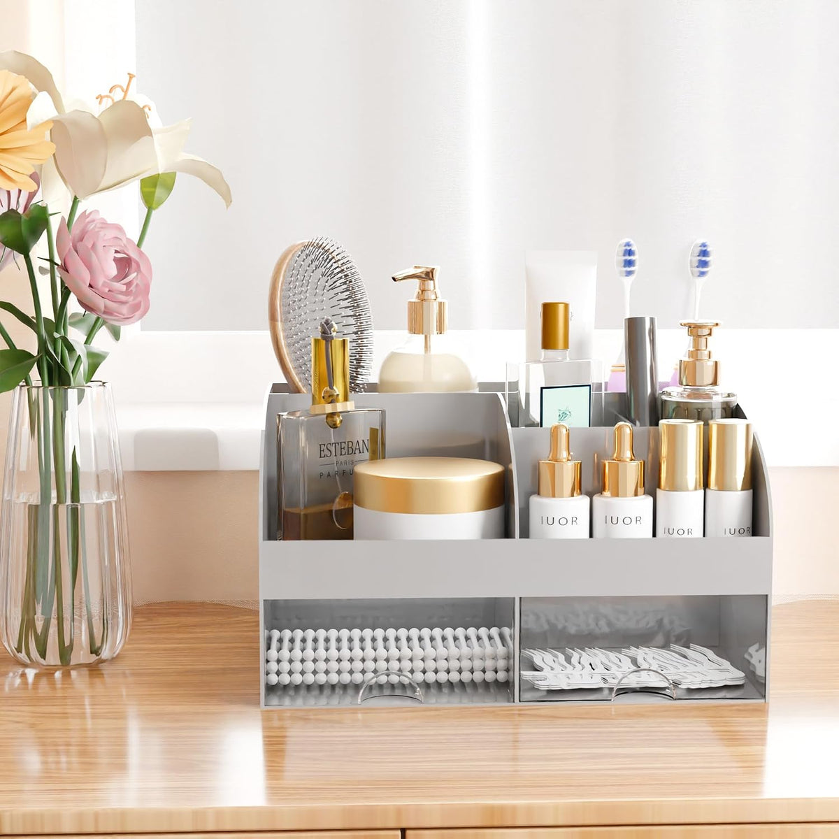 Makeup Organizer with Drawers, Cosmetic Storage for Dresser Vanity and Bathroom Countertop, Beauty Holder for Lipstick Brush, Skincare Organizer for Vanity, Cosmetic Display Case (White)