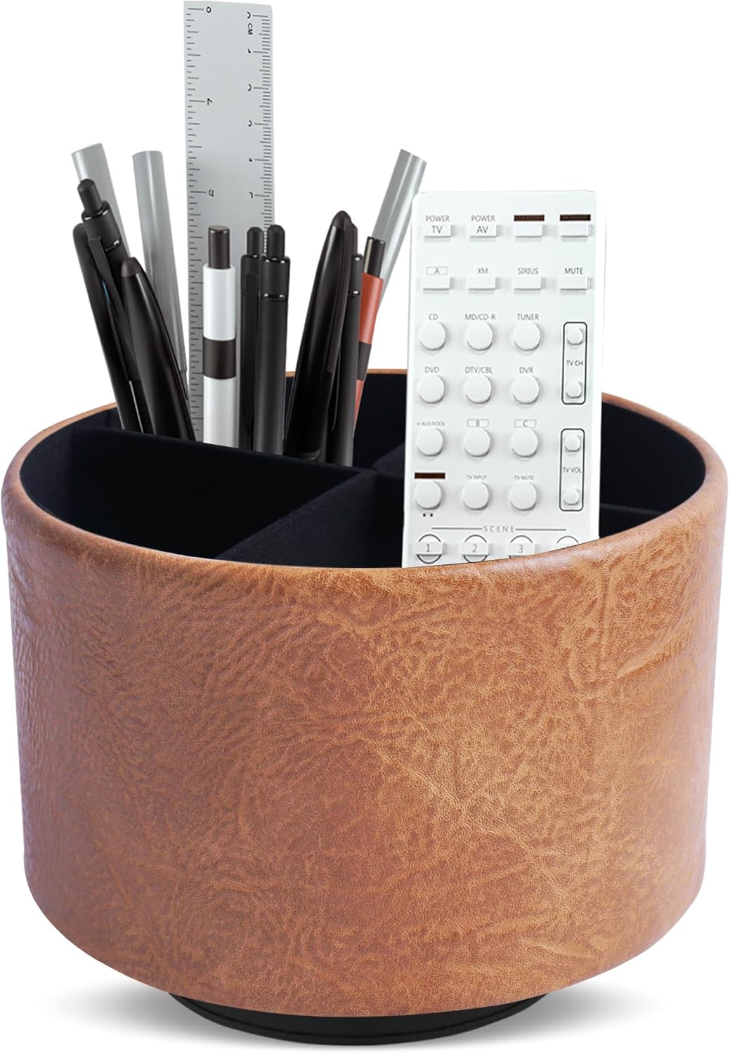 Round Leather Art Supply Organizer,Remote Control Holder,360 Degree Rotating,Multi-Functional Pencil Holder,4 Compartments Desktop Stationary Organizer(1-Blue Bird) - Colors C