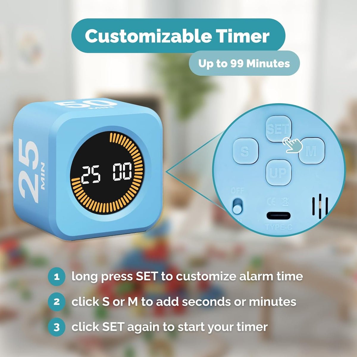 KADAMS Pomodoro Cube Timer Productivity Visual Timer - 5/10/25/50 Min Rotating Countdown (1, Green)