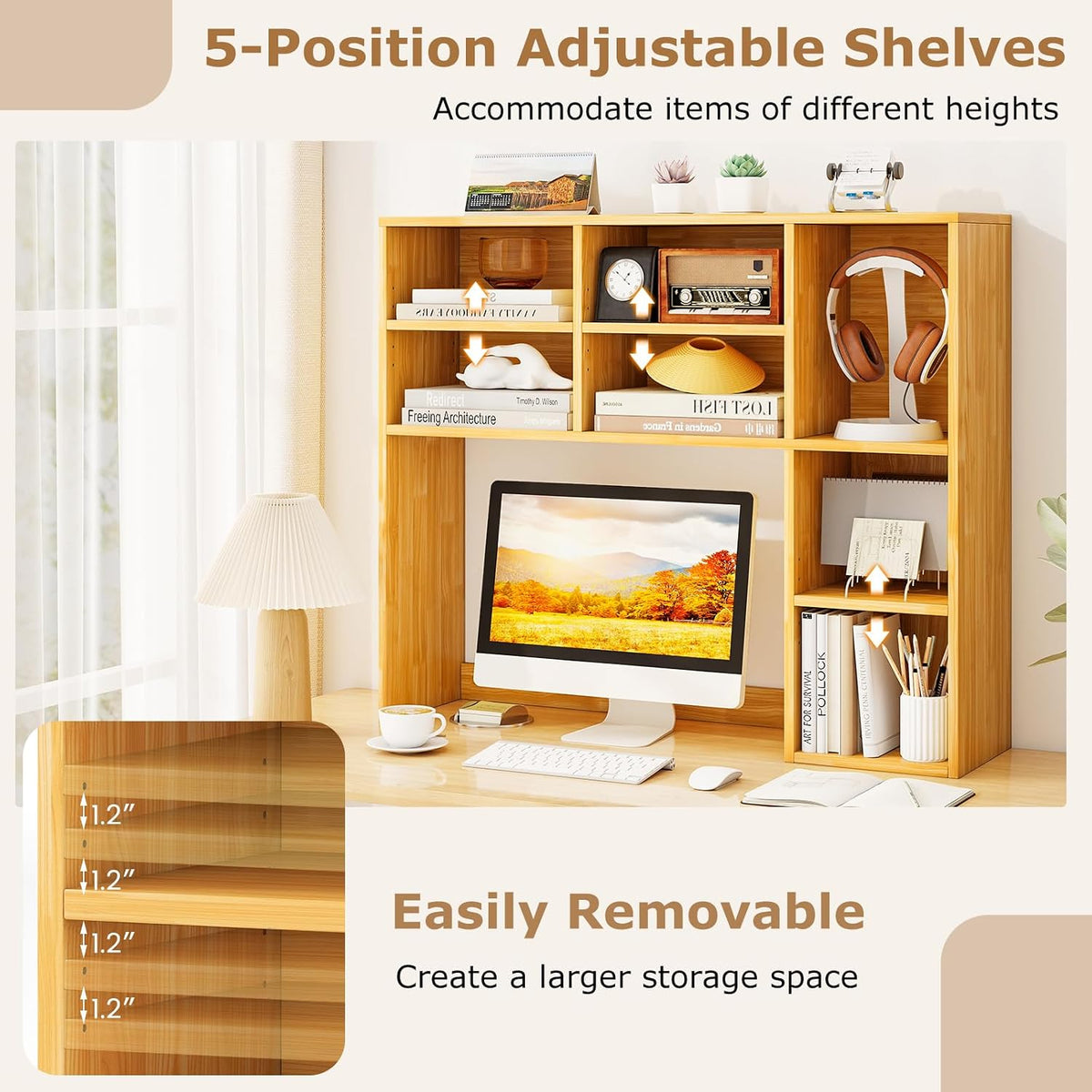 Desktop Bookshelf, Countertop Storage Hutch with 5 Shelves for Computer Desk, Desk 3-Tier Display Rack, Multipurpose Wood Desktop Hutch Storage Organizer for Dorm Office Home