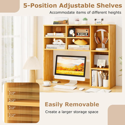 Desktop Bookshelf, Countertop Storage Hutch with 5 Shelves for Computer Desk, Desk 3-Tier Display Rack, Multipurpose Wood Desktop Hutch Storage Organizer for Dorm Office Home