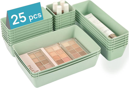 Vtopmart 25 PCS Clear Plastic Drawer Organizers Set, 4-Size Versatile Bathroom and Vanity Drawer Organizer Trays, Storage Bins for Makeup, Bedroom, Kitchen Gadgets Utensils and Office