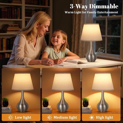 Seealle Touch Table Lamp for Bedroom, 3-Way Dimmable Small Bedside Lamps for Night Stands with Wires, Wood-Paint Desk Lamp for Kids Room, Office, Living Room, End Table(LED Bulb Included)