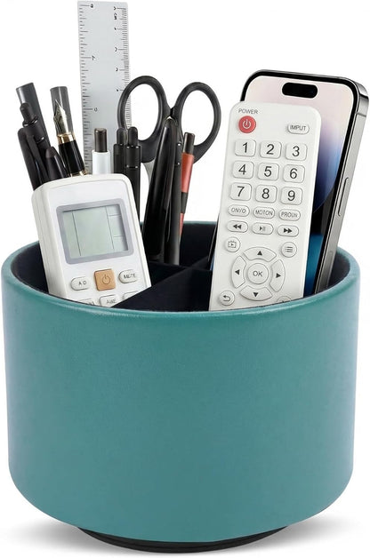 Round Leather Art Supply Organizer,Remote Control Holder,360 Degree Rotating,Multi-Functional Pencil Holder,4 Compartments Desktop Stationary Organizer(1-Blue Bird) - Colors A