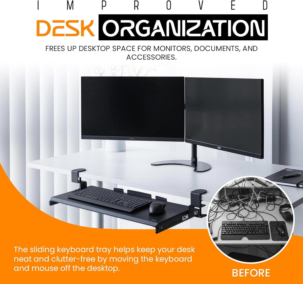 Keyboard Tray Under Desk Slide Out | MDF Board Platform with Iron Rail | Ergonomic Pull-Out Drawer with Clamp Mount | Space Saving Keyboard Shelf Attachment for Home Office Desk
