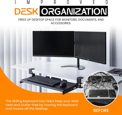 Keyboard Tray Under Desk Slide Out | MDF Board Platform with Iron Rail | Ergonomic Pull-Out Drawer with Clamp Mount | Space Saving Keyboard Shelf Attachment for Home Office Desk