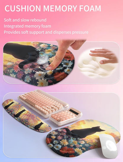 2in1 Combination, Wave Keyboard Wrist Rest and Ergonomic Curvature Mouse Pad Wrist Support for Relieve Wrist Pain, Filled with Soft Cushion Memory Foam, Black