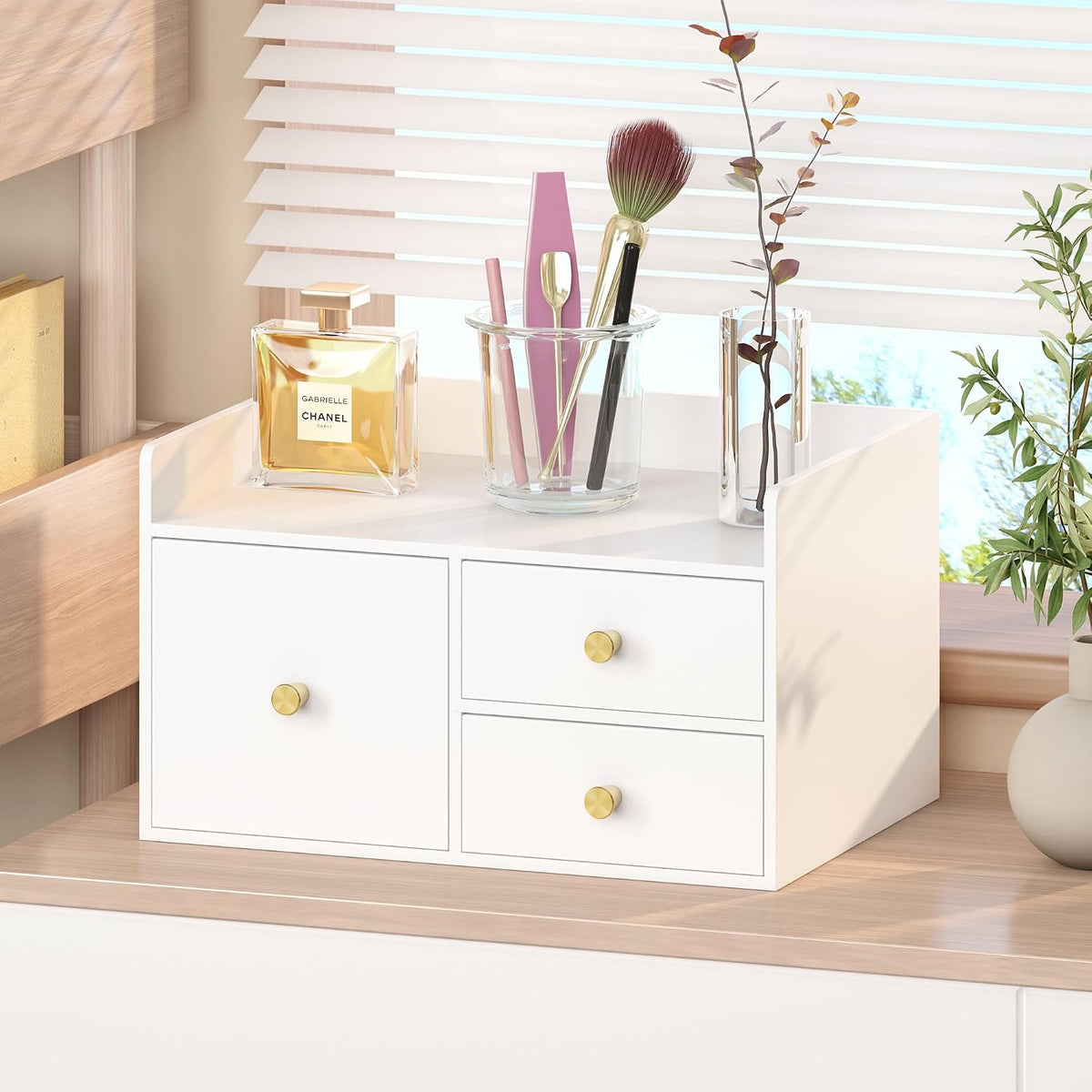 Bamboo Desk Organizer with Drawers Wooden Desktop Storage Drawers (1, Black 3 Drawer)