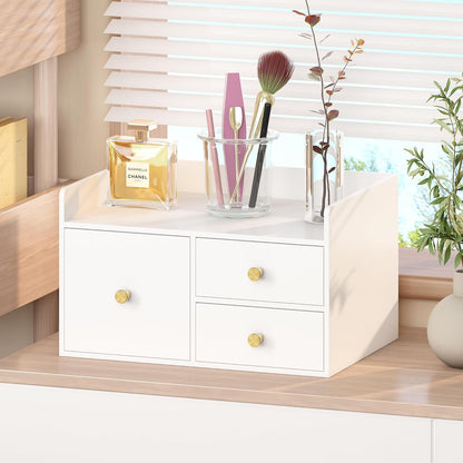 Bamboo Desk Organizer with Drawers Wooden Desktop Storage Drawers (1, Black 3 Drawer)