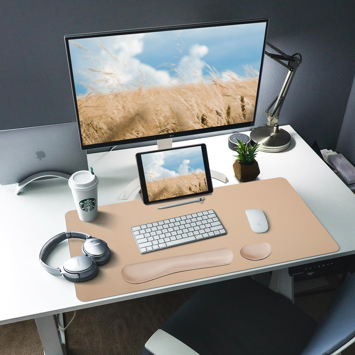 Bloss Leather Desk Pad and Keyboard Wrist Rest, Large Mouse Pad + Keyboard Pad+Mouse Wrist Support, Non-Slip Desk Mat Protector for Office, Home(31.5×15.7 Inches,Beige) - Colors B