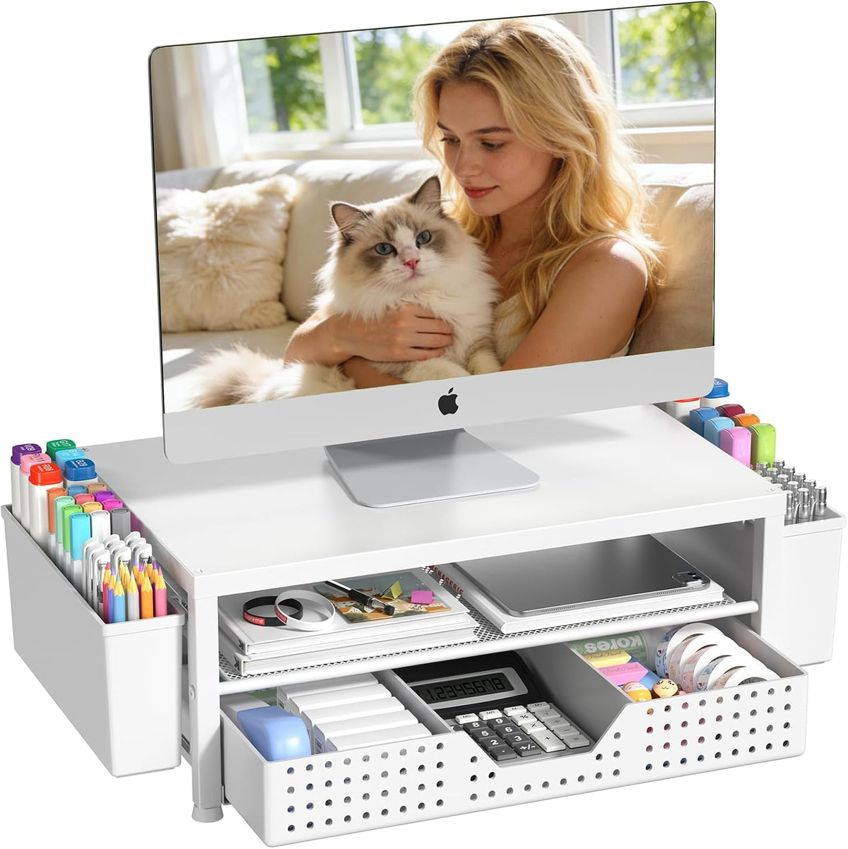 Desk Organizers and Accessories, Computer Monitor Stand Riser with Drawer and 2 Pen Holders, Printer & Laptop Stand, Office Desk Accessories & Workspace Organizers for Home Office Supplies, Black