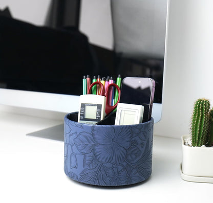 Round Leather Art Supply Organizer,Remote Control Holder,360 Degree Rotating,Multi-Functional Pencil Holder,4 Compartments Desktop Stationary Organizer(1-Blue Bird) - Colors C