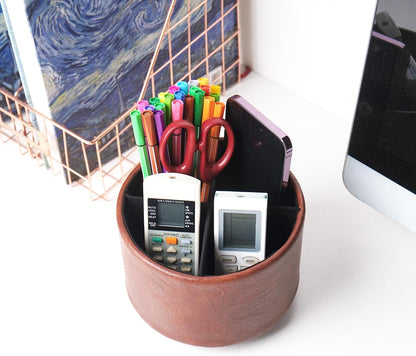 Round Leather Art Supply Organizer,Remote Control Holder,360 Degree Rotating,Multi-Functional Pencil Holder,4 Compartments Desktop Stationary Organizer(1-Blue Bird) - Colors B