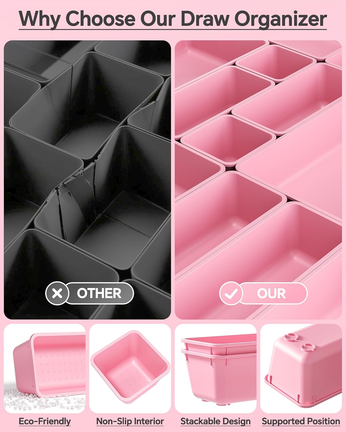 KEMETHY 25 PCS Plastic Drawer Organizers Set, 4 Sizes Vanity Organizer, Makeup and Desk Drawer Organizer Trays, Organization and Storage for Makeup, Bathroom, Kitchen Utensils and Office (Black)