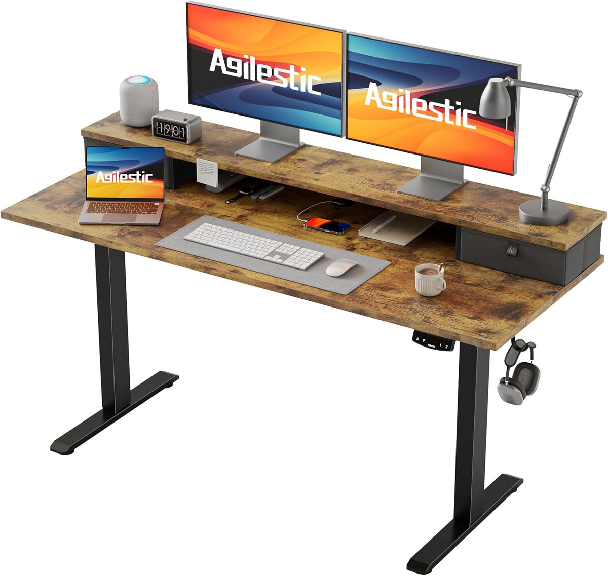48 * 24 Inch Electric Standing Desk with Shelf & Led, Dark Walnut