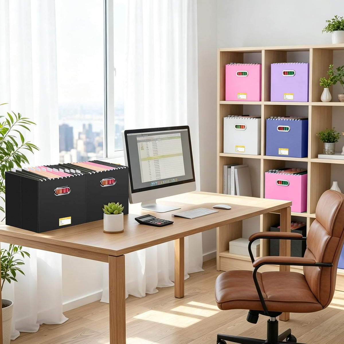 BALEINE File Organizer Box, Cardboard File Folder Organizer with Handle for Letter Size, Portable Collapsible Hanging Filing Box for Home Office Document Storage (2 Pack, Black)
