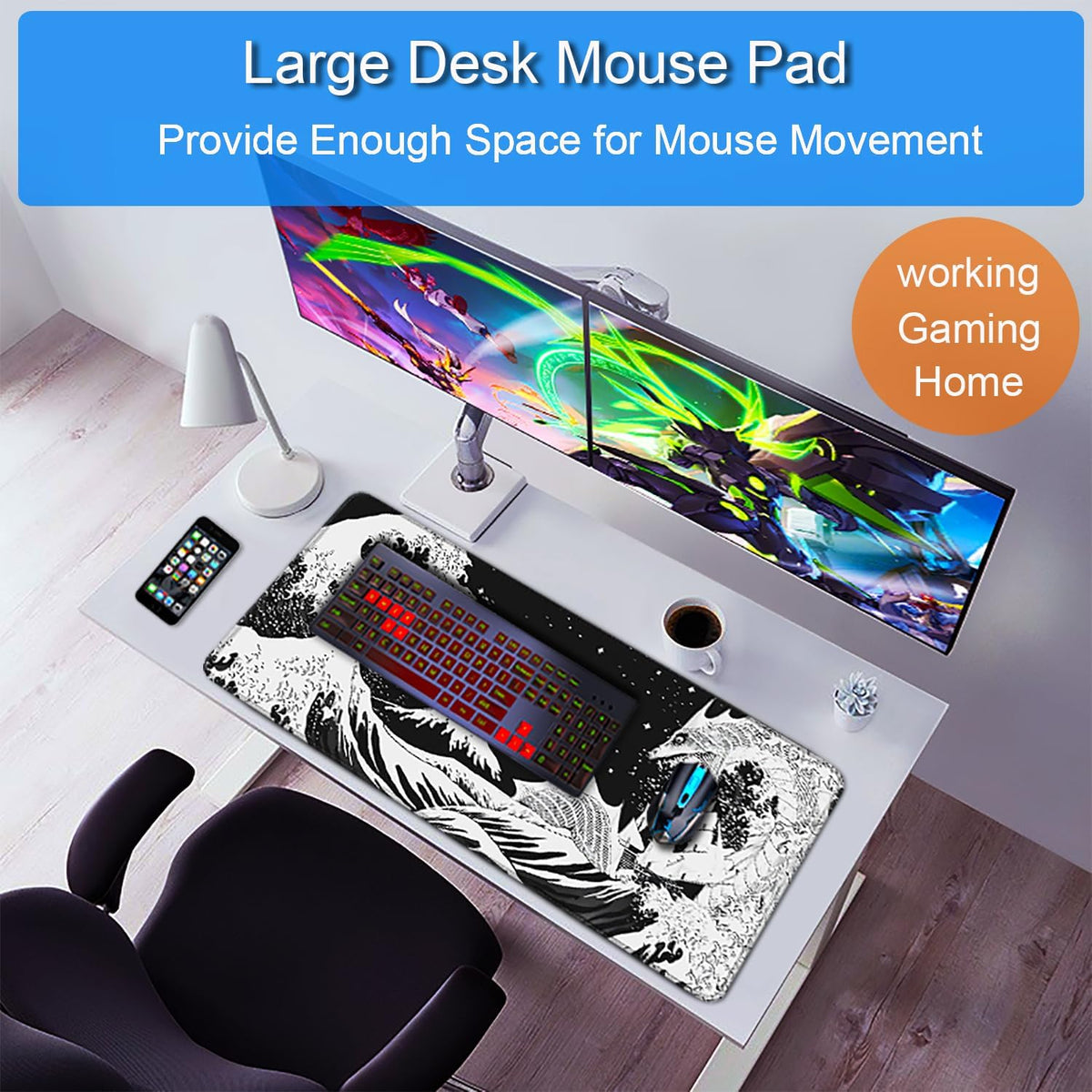 Large Gaming Mouse Pad, 31.5x15.7 inch Large Extended Computer Keyboard Mouse Mat, Water Resist Non-Slip Mousepad Rubber Base Long XXL Desk Mouse Pad for Work & Gaming, Office & Home, Black
