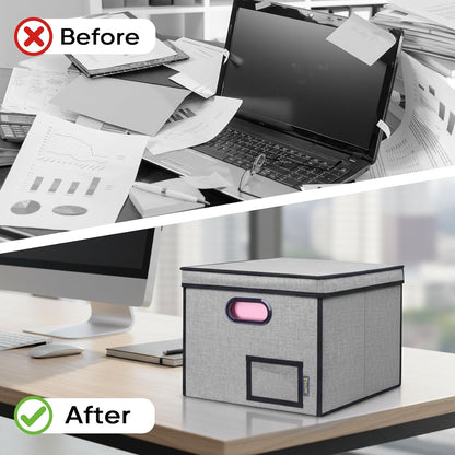 BALEINE File Organizer Box with Lid, Collapsible File Folder Organizer with Plastic Slide, Hanging File Folder Box for Office Document Storage (Black)