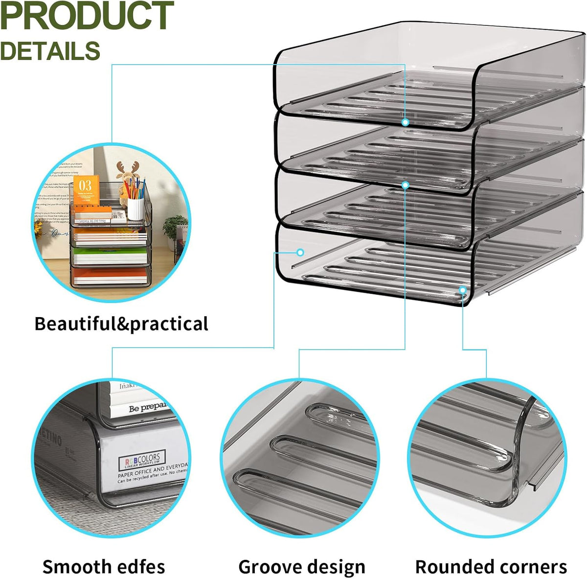 FANXIYQ 4-Tier Acrylic Paper Tray Organizer, Clear Stackable Desk File Organizer for Documents, Files, Letters, A4 Paper, Books, Notes, Mail & Paper Storage, Office Classroom Home