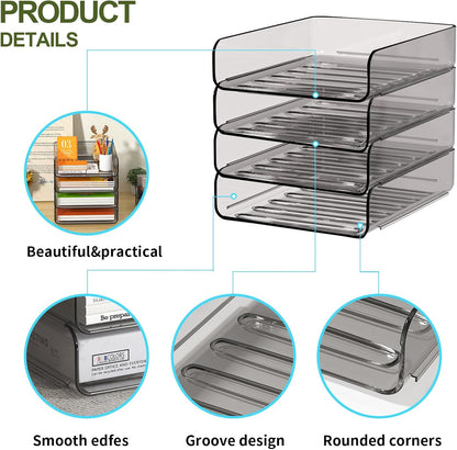 FANXIYQ 4-Tier Acrylic Paper Tray Organizer, Clear Stackable Desk File Organizer for Documents, Files, Letters, A4 Paper, Books, Notes, Mail & Paper Storage, Office Classroom Home
