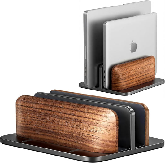 JCZT Vertical Laptop Stand, Walnut Dual Laptop Holder with Adjustable Aluminum Alloy Base Laptop Stand Compatible with All MacBok/Surface/Samsung/HP/Dell/Chrome Book (Silver)