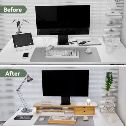 Bamboo Dual Monitor Stand, 39.3 inch Computer Monitor Riser with 2 Drawers, Desk Shelf with Cable Management for Home Office, Printer, Laptop