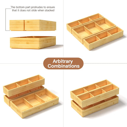 DUJEN Bamboo Drawer Organizer 12.5'' X 12.5'' X 2'', Adjustable 3 Individual Junk Drawer organizer for Bathroom and Kitchen, Wood Drawer Tea Organier Boxes for Silverware, Make up and Tea Bag