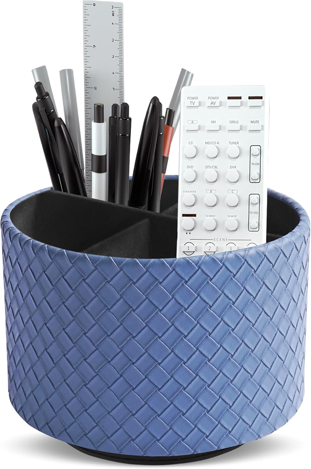 Round Leather Art Supply Organizer,Remote Control Holder,360 Degree Rotating,Multi-Functional Pencil Holder,4 Compartments Desktop Stationary Organizer(1-Blue Bird) - Colors C