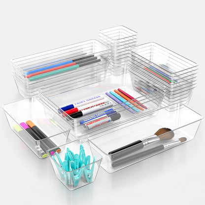 Clear Drawer Organizer Set, 3 Sizes Bathroom Vanity Organizer Trays and Storage Bins for Makeup, Cosmetics, Jewelry, and Gadgets. Perfect for Office, Kitchen, Bedroom, Bathroom Use.