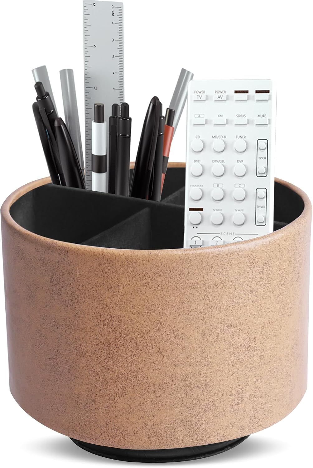 Round Leather Art Supply Organizer,Remote Control Holder,360 Degree Rotating,Multi-Functional Pencil Holder,4 Compartments Desktop Stationary Organizer(1-Blue Bird) - Colors C
