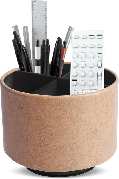 Round Leather Art Supply Organizer,Remote Control Holder,360 Degree Rotating,Multi-Functional Pencil Holder,4 Compartments Desktop Stationary Organizer(1-Blue Bird) - Colors C