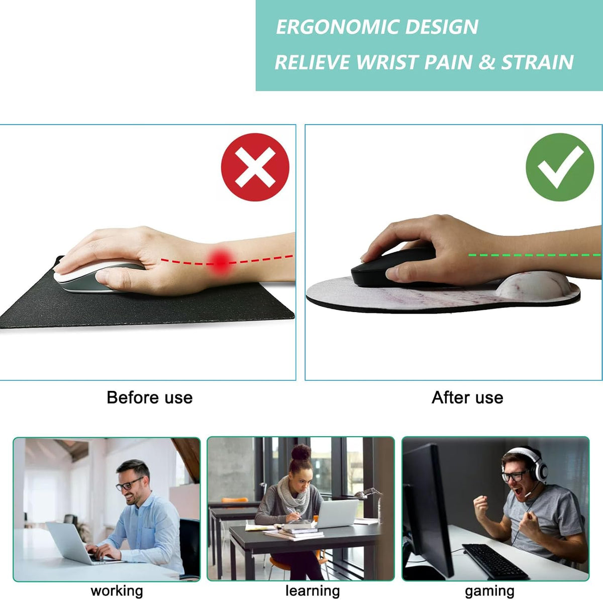Mouse Pad with Wrist Support, Ergonomic Mouse Pad with Memory Foam Wrist Rest Cushion, Non-Slip Rubber Base Gaming Mice Pad for Home Office Computer Laptop, Flower Black