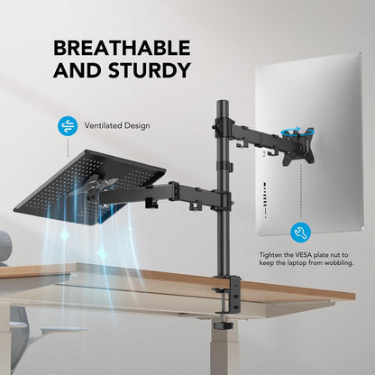 HUANUO Adjustable Monitor Stand, Single Arm Desk Mount for 32 inch Screen and 17 inch Laptop, Heavy Duty Ergonomic Bracket Holds 22lbs