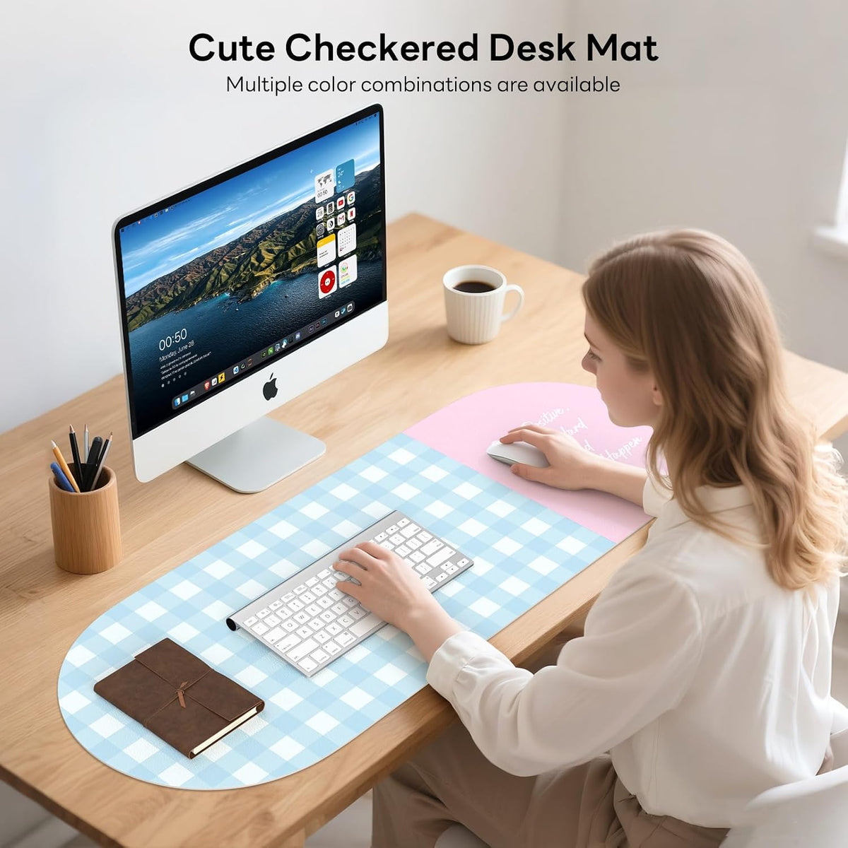 Checkered Pattern Desk Pad Protector, 35.5 x 13'' Aesthetic Mouse Mat for Desktop, Waterproof PU Leathe Non-Slip Desk Writing Pad for Office and Home, Green and Purple