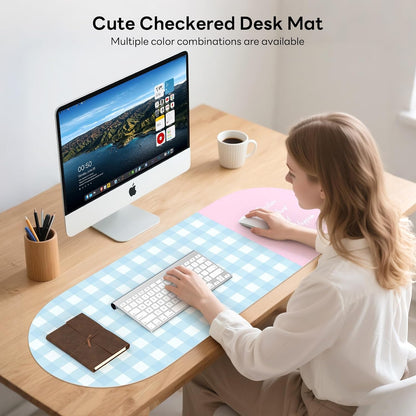 Checkered Pattern Desk Pad Protector, 35.5 x 13'' Aesthetic Mouse Mat for Desktop, Waterproof PU Leathe Non-Slip Desk Writing Pad for Office and Home, Green and Purple