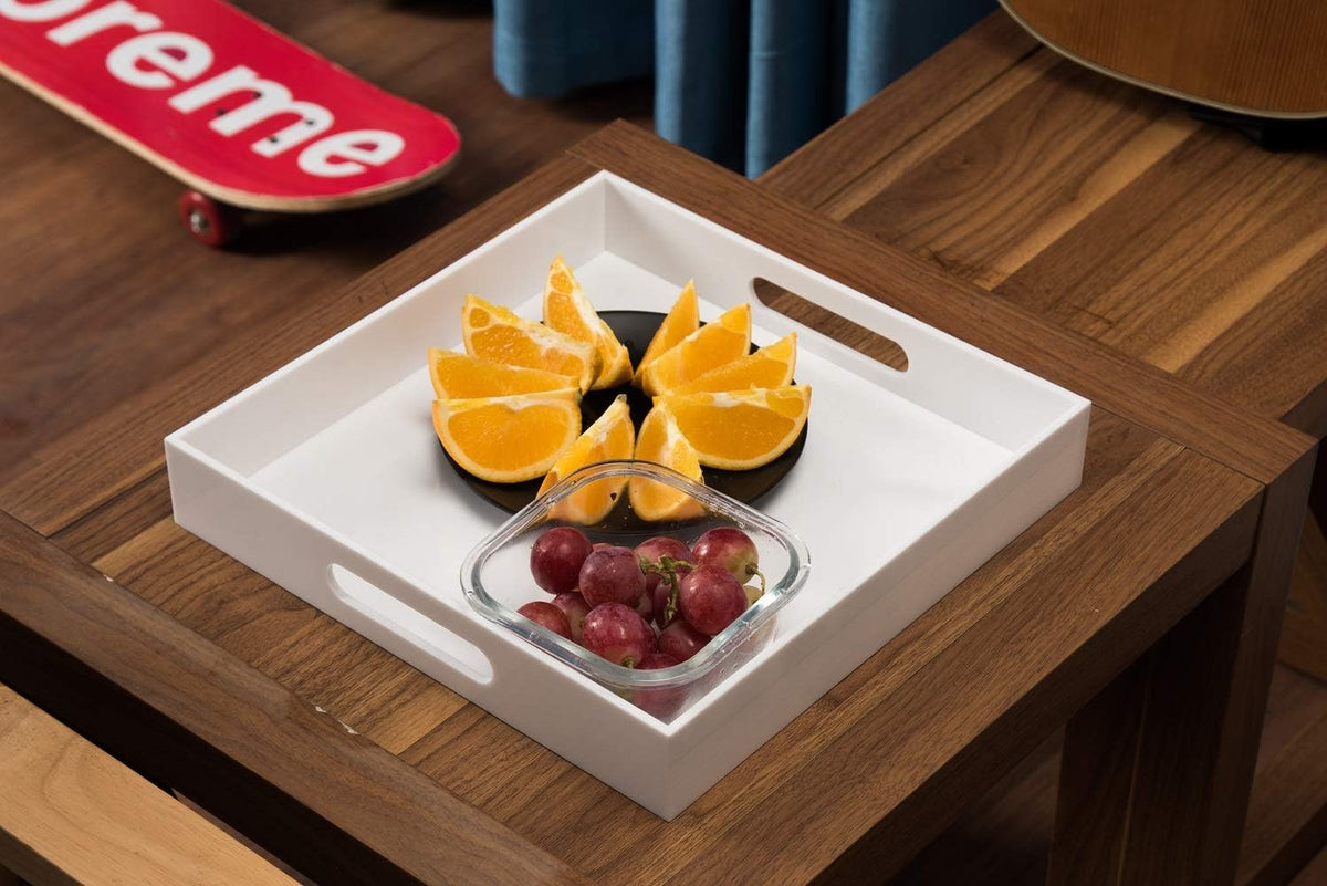 KEVLANG Glossy White Sturdy Acrylic Serving Tray with Handles-12x20 Inch-Serving Coffee Appetizer Breakfast-Kitchen Countertop Makeup Drawer Organizer-Vanity Table Ottoman Decorative Tray