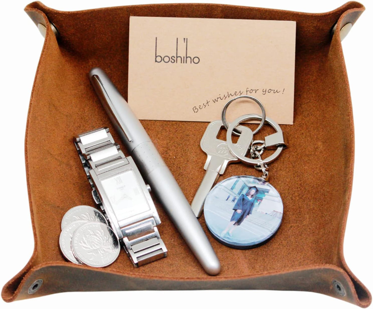 boshiho Valet Tray for Men, Leather Jewelry Catchall Key Phone Coin Box Change Caddy Bedside Storage Box (Crazy Horse Leather - Dark Brown)