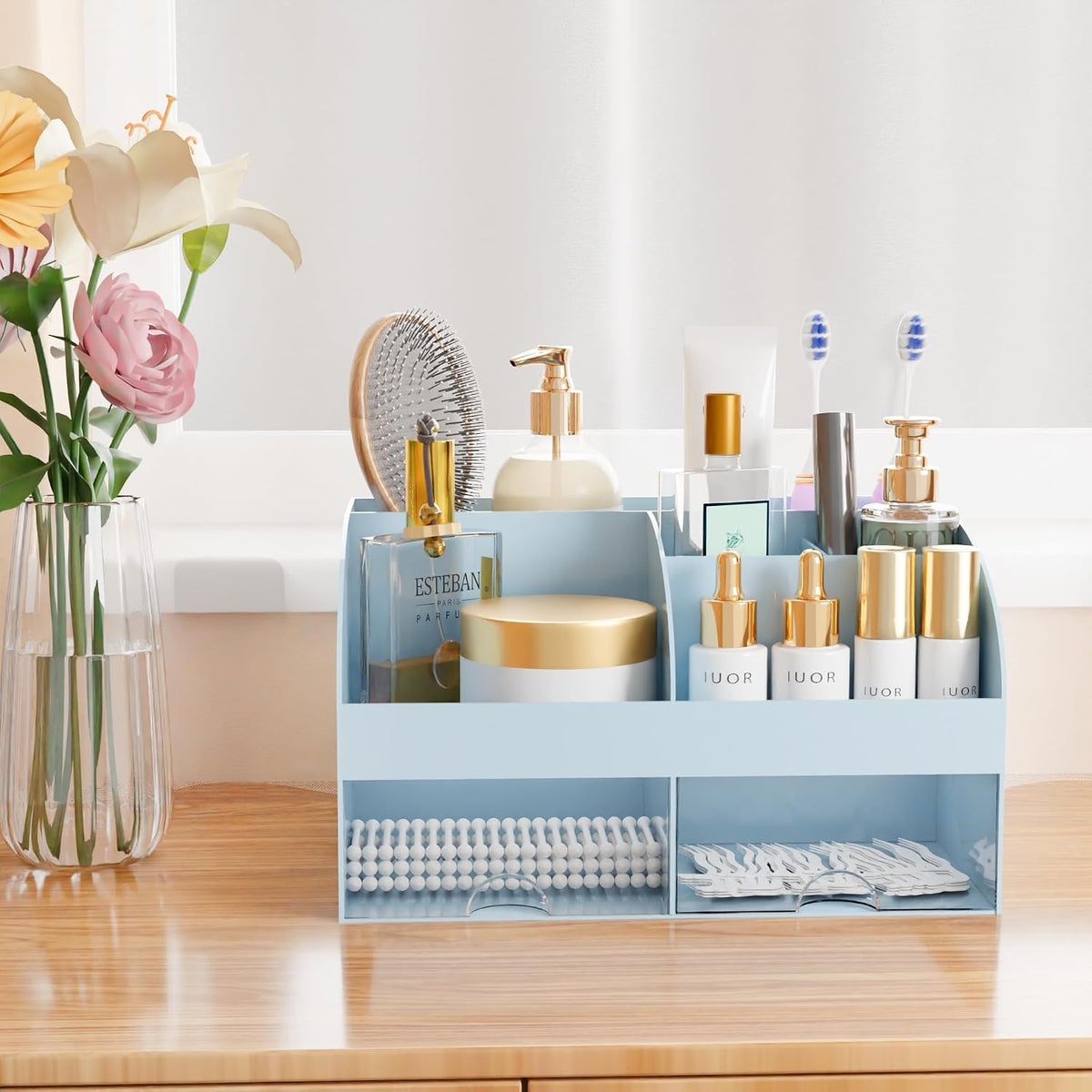 Makeup Organizer with Drawers, Cosmetic Storage for Dresser Vanity and Bathroom Countertop, Beauty Holder for Lipstick Brush, Skincare Organizer for Vanity, Cosmetic Display Case (White)