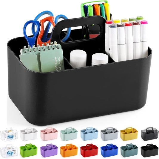 Multiuse Caddy Organizer with Handle, Portable Divided Plastic Tote Bin - Art Craft, Stationary Pen Marker Crayons, Makeup Hair Supplies Storage - Bathroom, Classroom, Dorm, Office, Desk Holder - Cyan