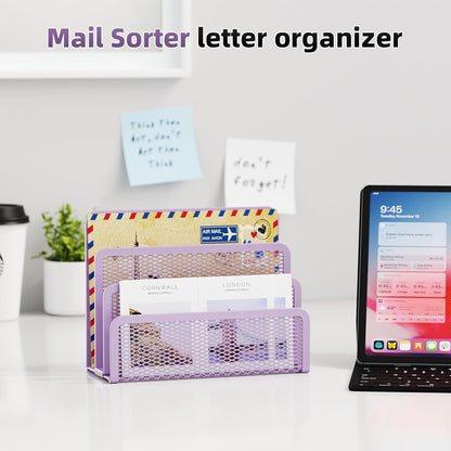 Marbrasse Mail Organizer for Desk, 3-Slot Mesh Metal Mail Holder countertop, Letter Holder, Office Desktop Envelope and Document Storage Rack (2P)