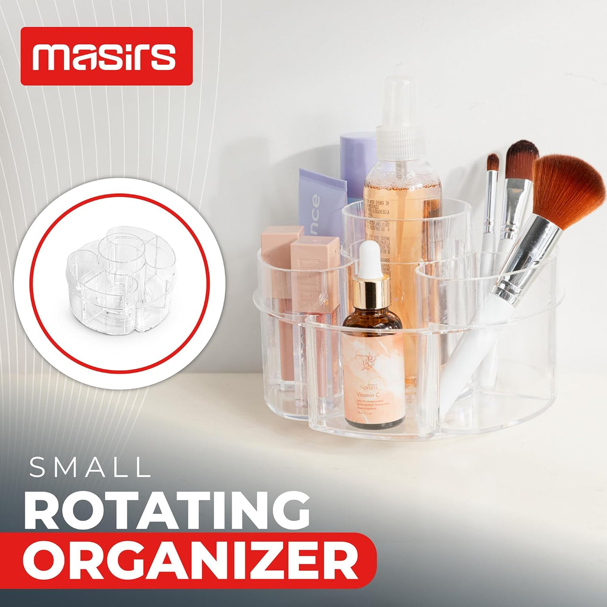 Masirs 360 Rotating Makeup Organizer Countertop - Adjustable Shelf Height - The Perfect Round Spinning Cosmetic Organizer for Bedroom Dresser or Vanity Countertop Storage (Clear)