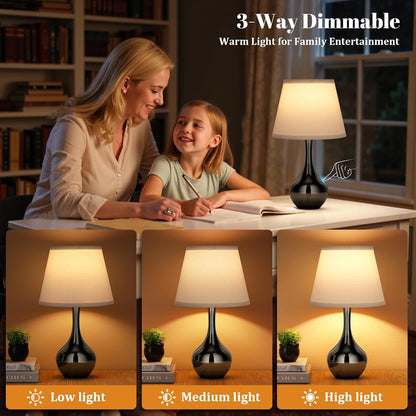 Seealle Touch Table Lamp for Bedroom, 3-Way Dimmable Small Bedside Lamps for Night Stands with Wires, Wood-Paint Desk Lamp for Kids Room, Office, Living Room, End Table(LED Bulb Included)